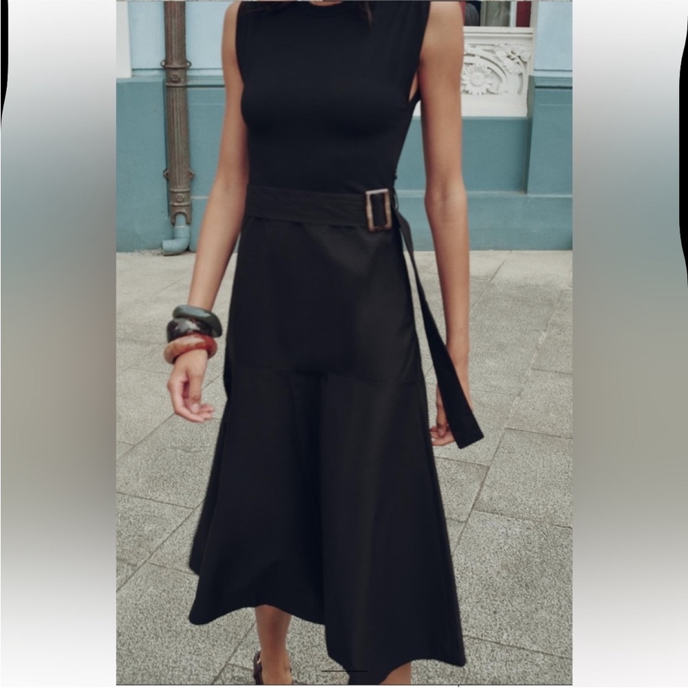 Zara NWT Chic Black Midi Dress with Belt Detail - Picture 2 of 13